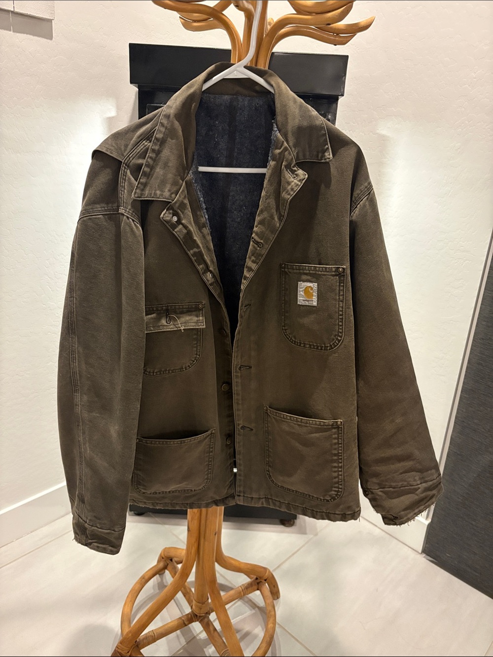 Carhartt Olive Brown Duck Canvas Field Jacket with Sherpa Lining